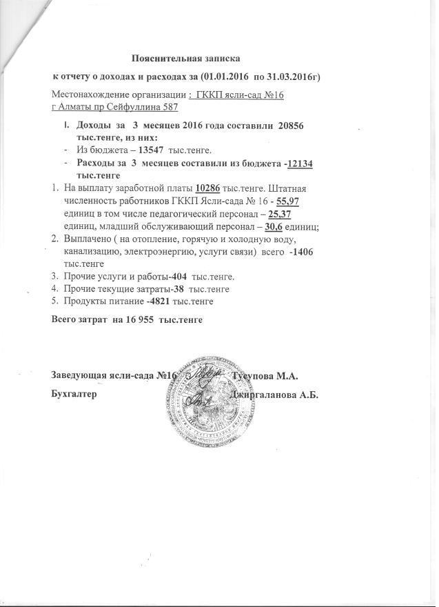 Отчет о доходах и расходах за 1 квартал 2016г и пояснительная записка